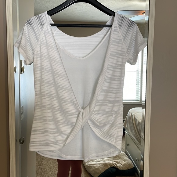 Athleta Sheer Striped White Tee With Twist Back - Picture 7 of 10